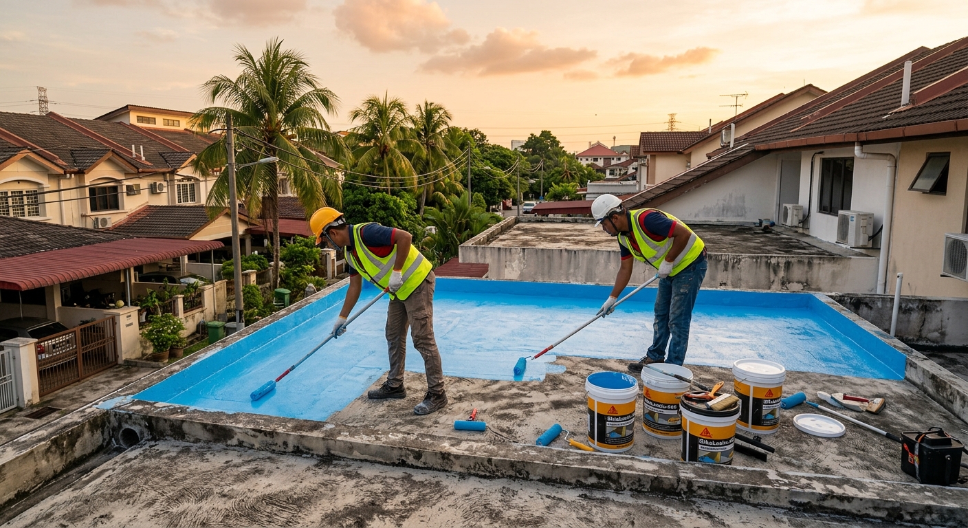 Juruteknik AquaShield menyapu membran waterproofing pada permukaan bumbung yang disediakan